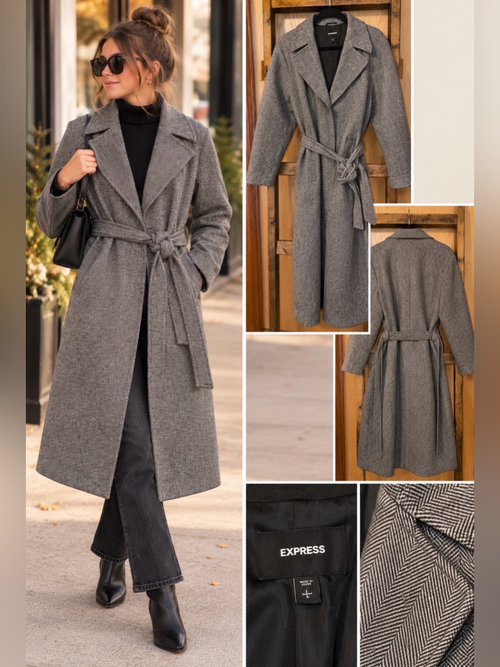 Express Gray Herringbone Wool Blend Belted Long Coat Large Fall/Winter Jacket
